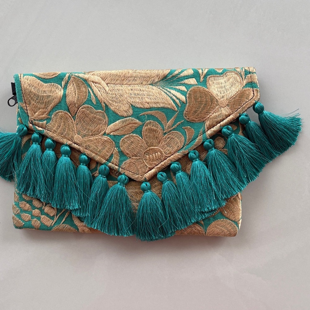 Teal and Gold Floral Embroidered Tassel Clutch